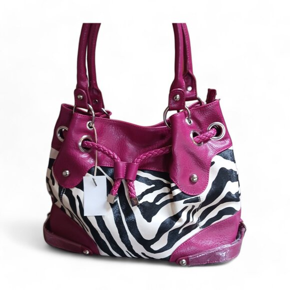 NWT Zebra Stripe Faux Leather Shoulder  Bucket Bag with Fuchsia Pink Trim - Picture 2 of 11